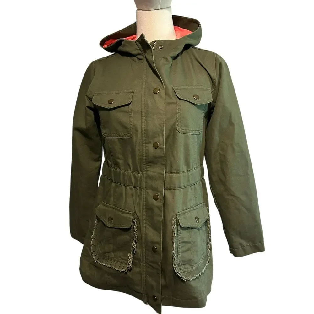 Cat & Jack Kids Jacket SZ L 10-12 Khaki Green Long Sleeve Lined Hooded  Utility